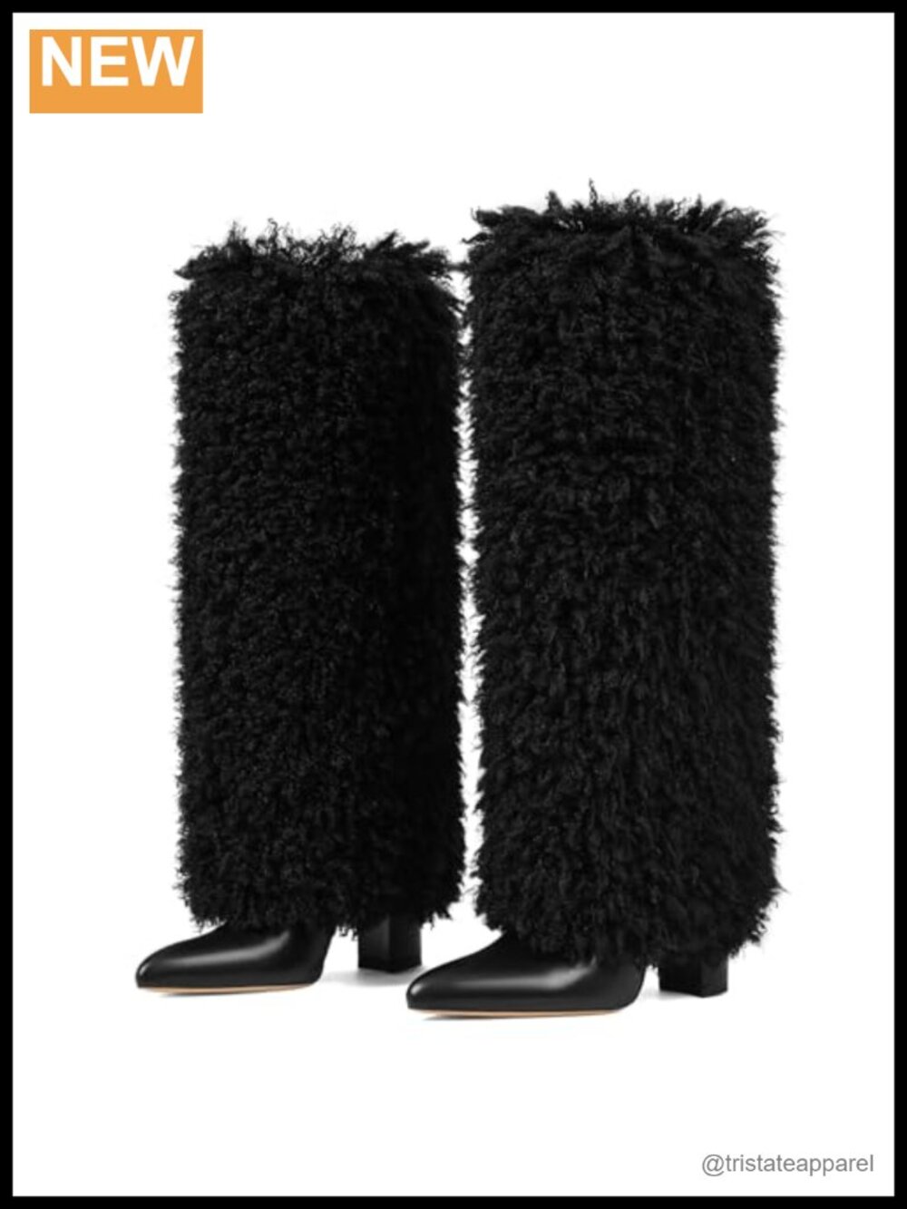 Faux Leather Fur Trim Block Heel Knee High Wide Calf Fold Over Boots Women